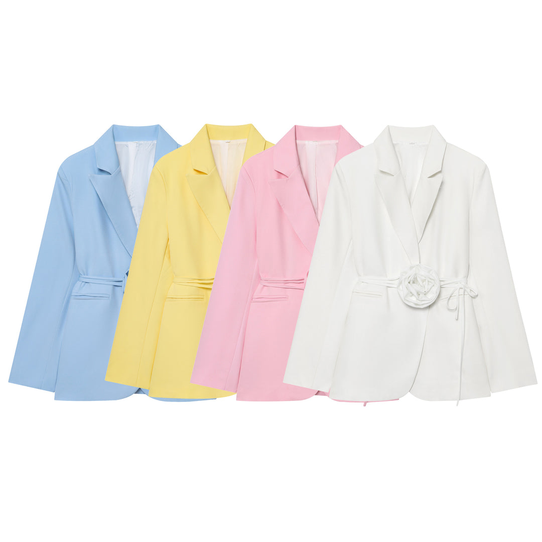 Damen nan taillierter Blazer mit dekorativer Rosenapplikation und Bindegürtel EB