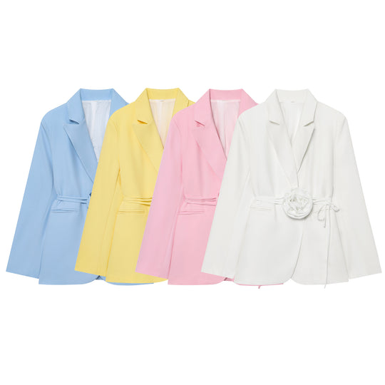 Damen nan taillierter Blazer mit dekorativer Rosenapplikation und Bindegürtel EB