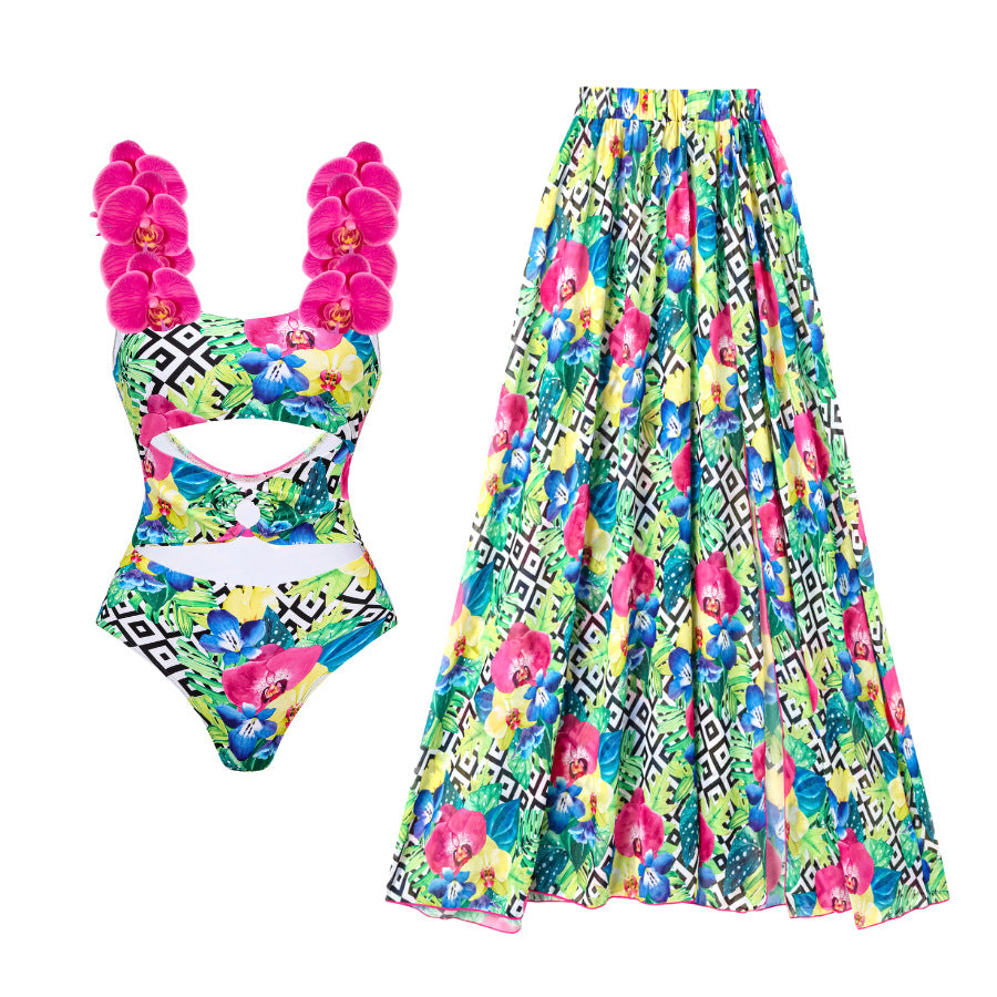 Damen Blumenmuster Badeanzug und Rock Set EB