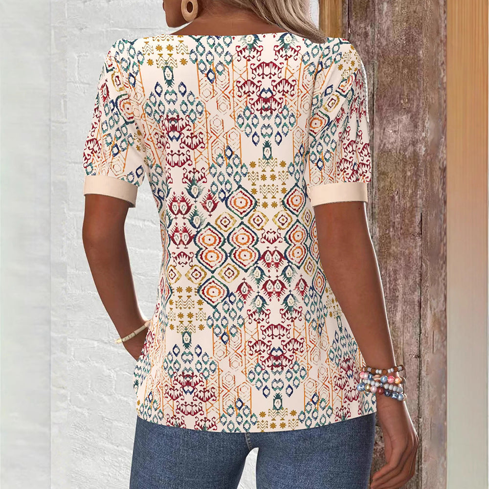 Damen nan leichtes Boho-Blusenshirt mit quadratischem Ausschnitt, Zierknopfleiste und geschwungenem Saum EB