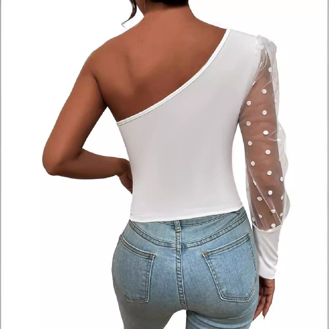 Damen Asymmetrischer Einteiler mit transparentem Puffärmel EB