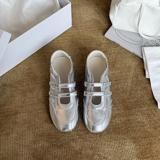 Damen Ballerina-Schuhe im modernen Metallic-Look mit doppeltem Riemchen EB