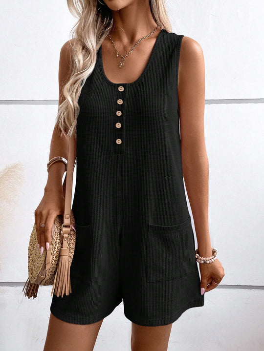 Damen Kurzarm Jumpsuit mit Knopfdetails und praktischen Taschen EB