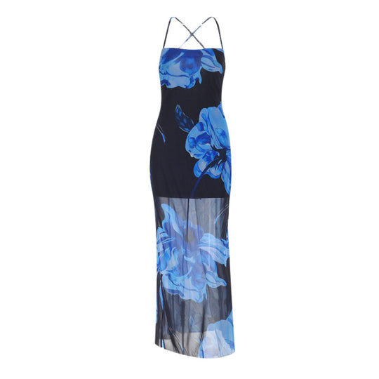 Damen elegantes Maxikleid mit transparentem Blumenmuster EB