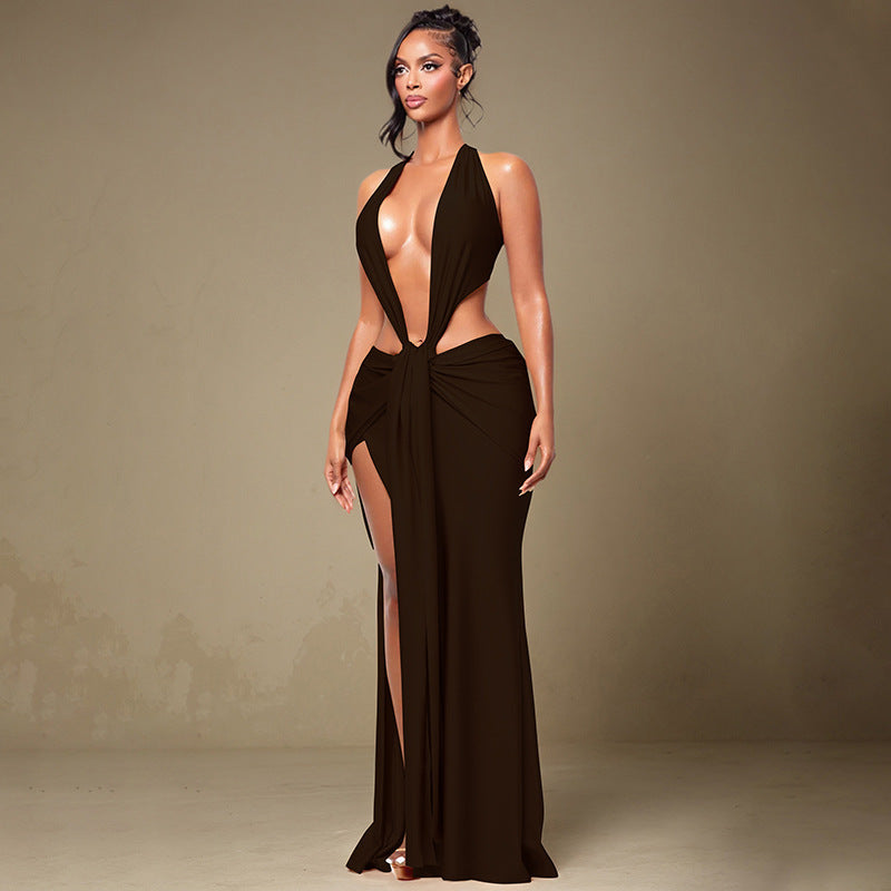 Damen Cut-Out Maxikleid mit tiefem V-Ausschnitt und drapiertem Design EB