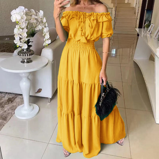 Damen Maxikleid mit Schulterfreiem Design und Voluminösen Rüschen EB