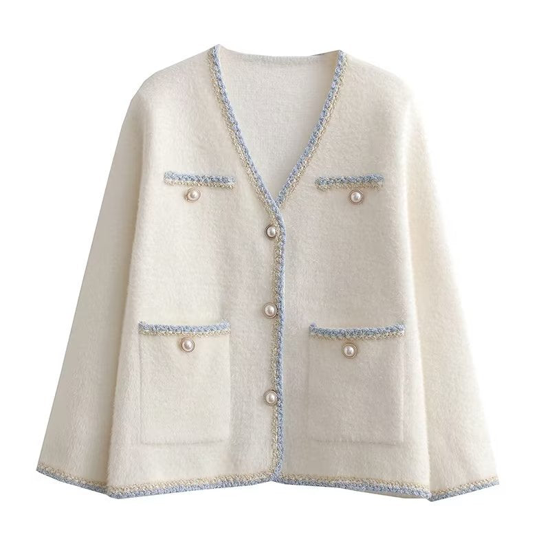 Damen elegante Strickjacke mit dekorativen Perlenknöpfen und praktischen Taschen EB