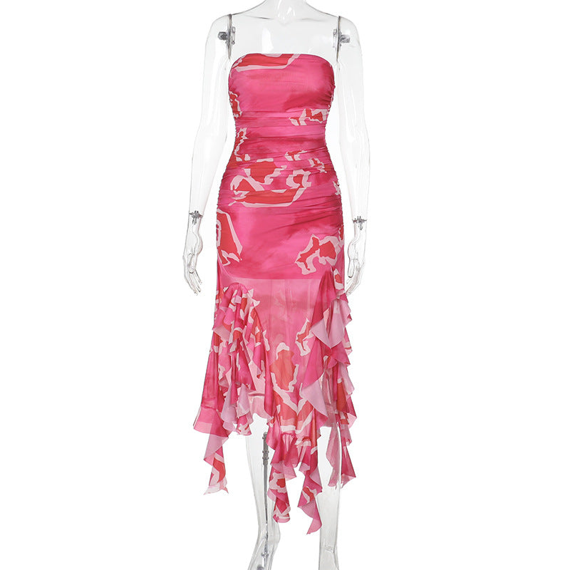 Damen elegantes Rüschenkleid mit trägerlosem Oberteil und asymmetrischem Saum EB