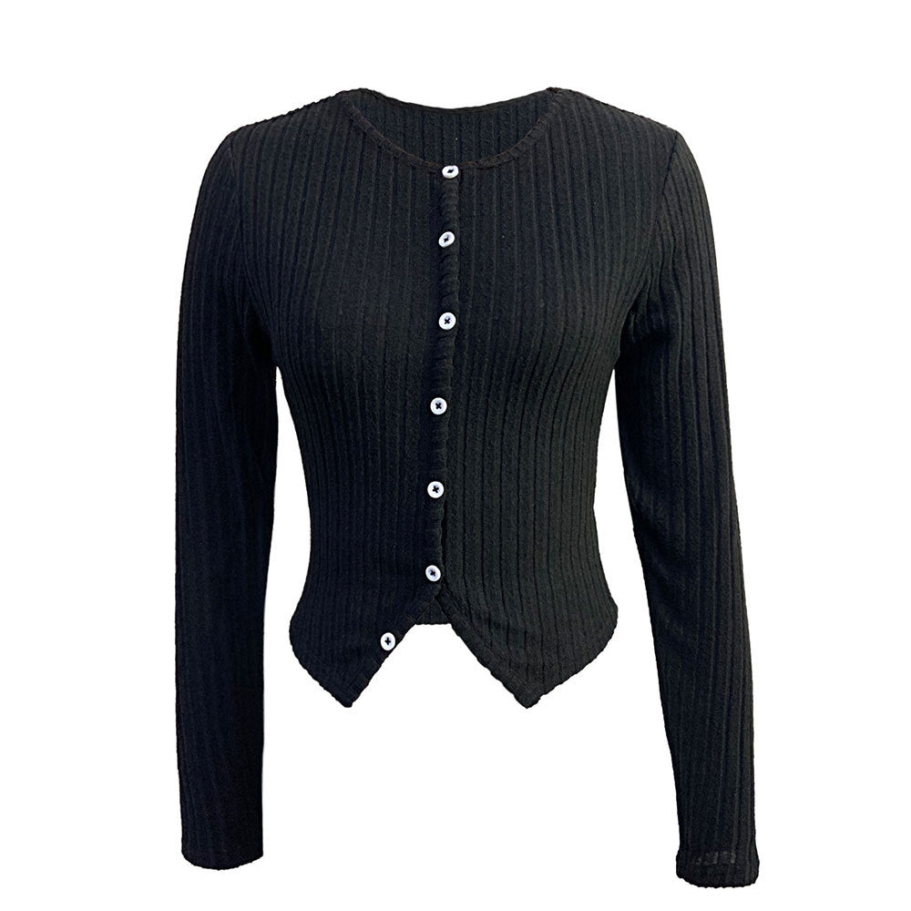 Damen gerippte Cropped-Strickjacke mit spitzem Saum und Knopfverschluss Eichborn Berlin