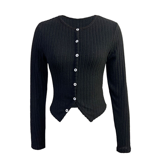 Damen gerippte Cropped-Strickjacke mit spitzem Saum und Knopfverschluss Eichborn Berlin
