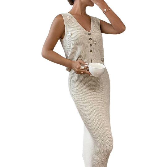 Damen 2-Teiliges Strickset mit modischen Knopfdetails und floralem Design EB