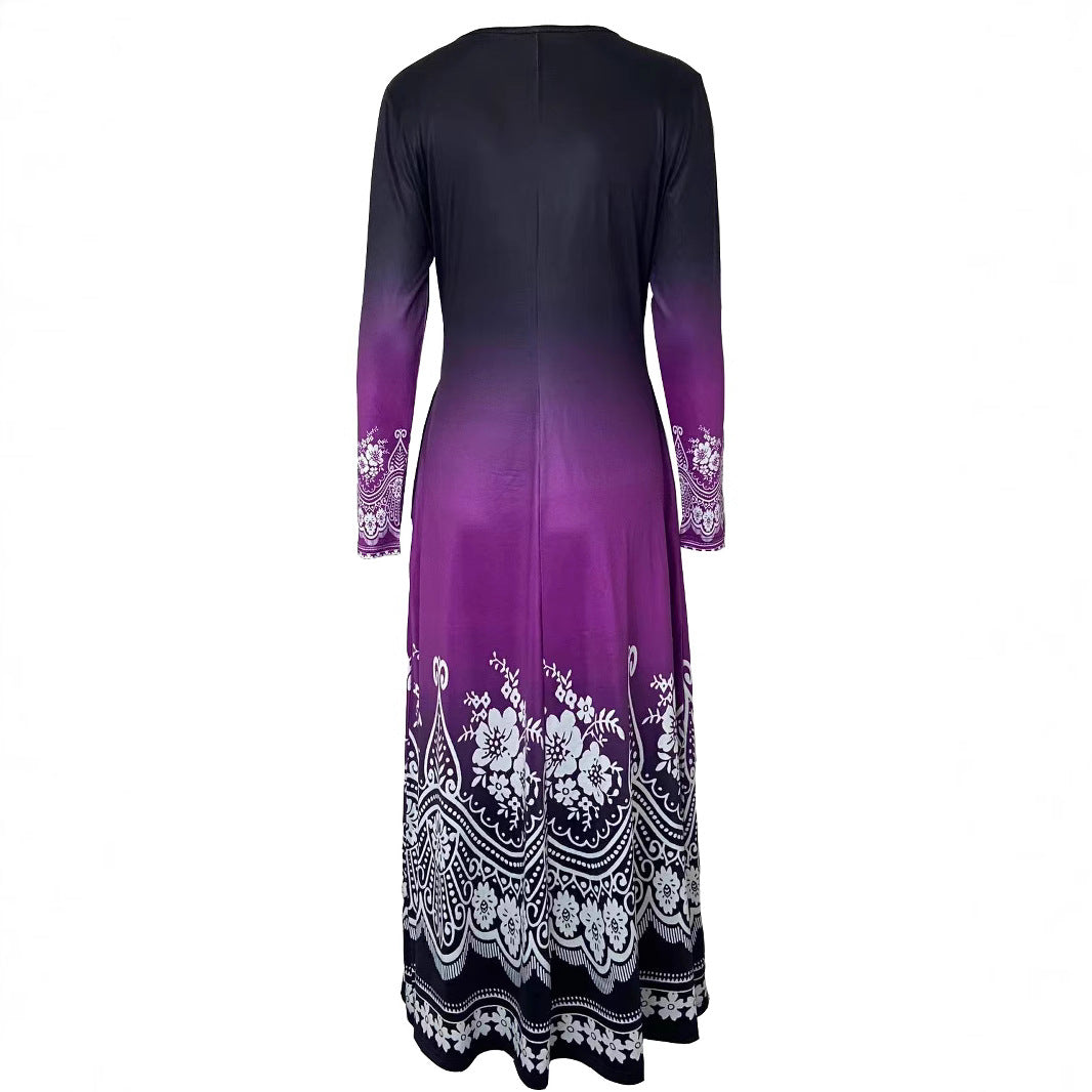 Damen Maxi-Kleid mit farbenfrohem Ombre-Design und floralen Verzierungen EB