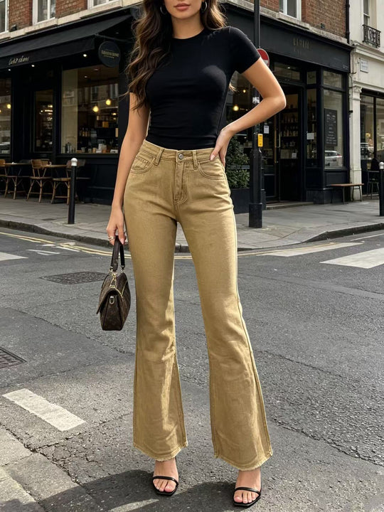 Damen nan hochgeschnittene Flared-Jeans mit taillierendem Bund, leichtem Stretch und rohem Saum EB