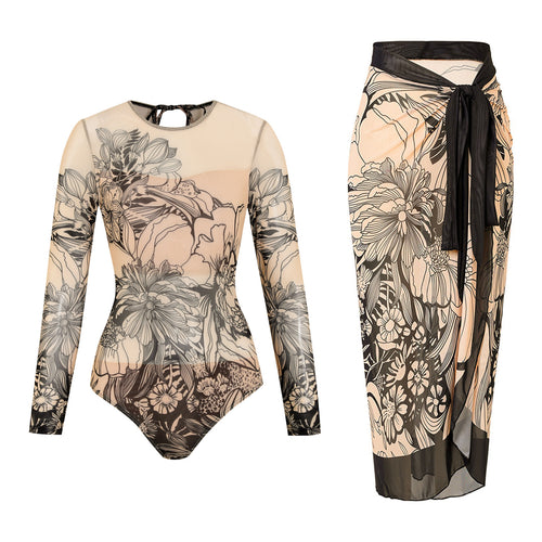 Damen Einteiler Badeanzug mit floralem Design und modischen Langarmhosen EB