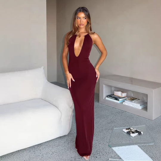Damen Elegantes Maxikleid mit tiefem V-Ausschnitt und figurbetontem Schnitt EB