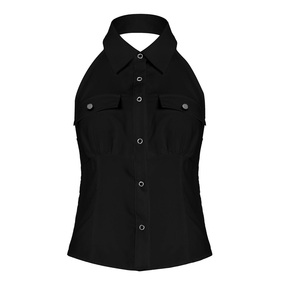 Damen Haltertop mit elegantem Kragen und praktischen Brusttaschen EB