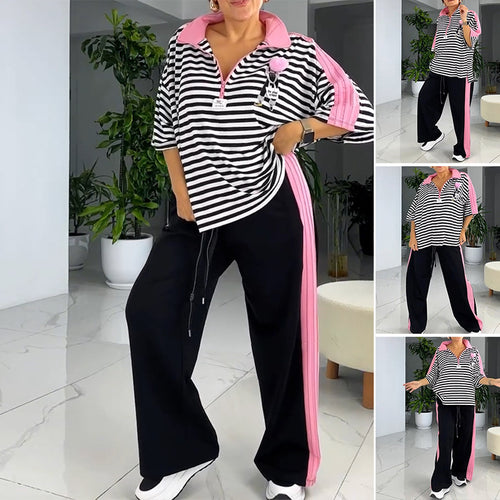 Damen nan lässiges zweiteiliges Polo-Lounge-Set mit Oversize-Streifen, Pompom-Applikation und kontrastierenden Seitenbahnen EB