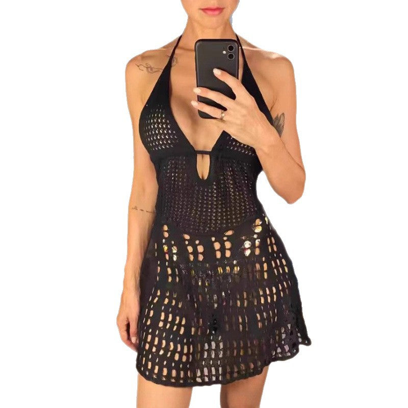 Damen Kurzes Häkelkleid mit tiefem V-Ausschnitt EB