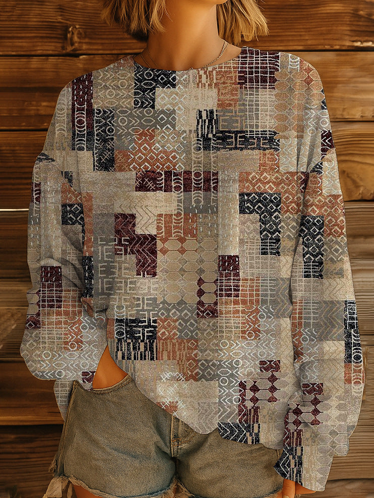 Damen Geblümter Oversize-Sweatshirt-Pullover mit Rundhals und Ballonärmeln EB