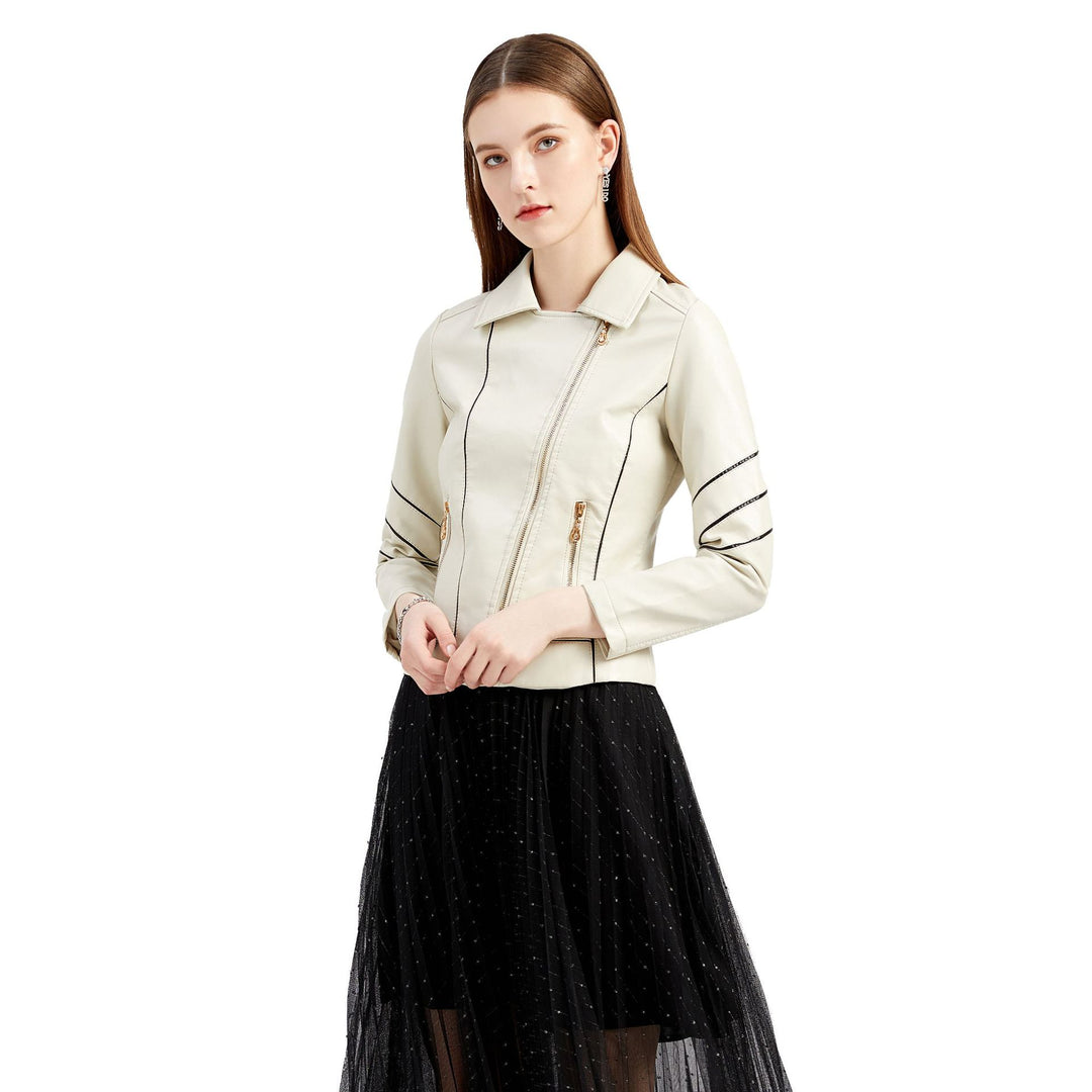 Damen nan taillierte Kunstleder-Bikerjacke mit asymmetrischem Reißverschluss und Ziernähten EB