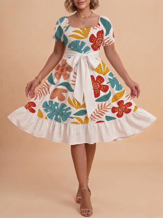 Damen Sommerliches Blumenkleid mit taillierbarem Gürtel und voluminösen Ärmeln EB