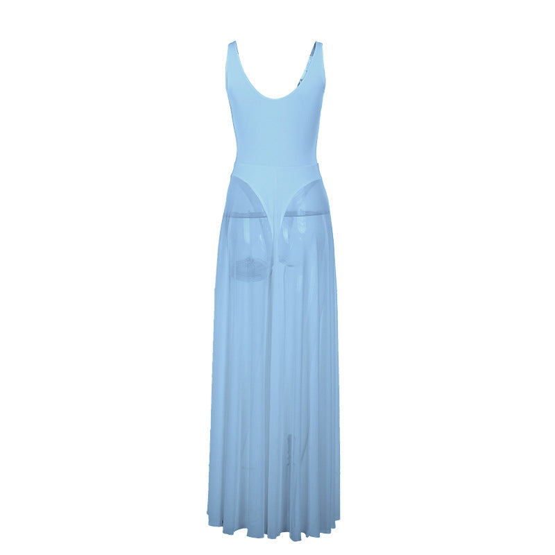 Damen Stilvolles Maxikleid mit transparentem Rock und elegantem V-Ausschnitt EB