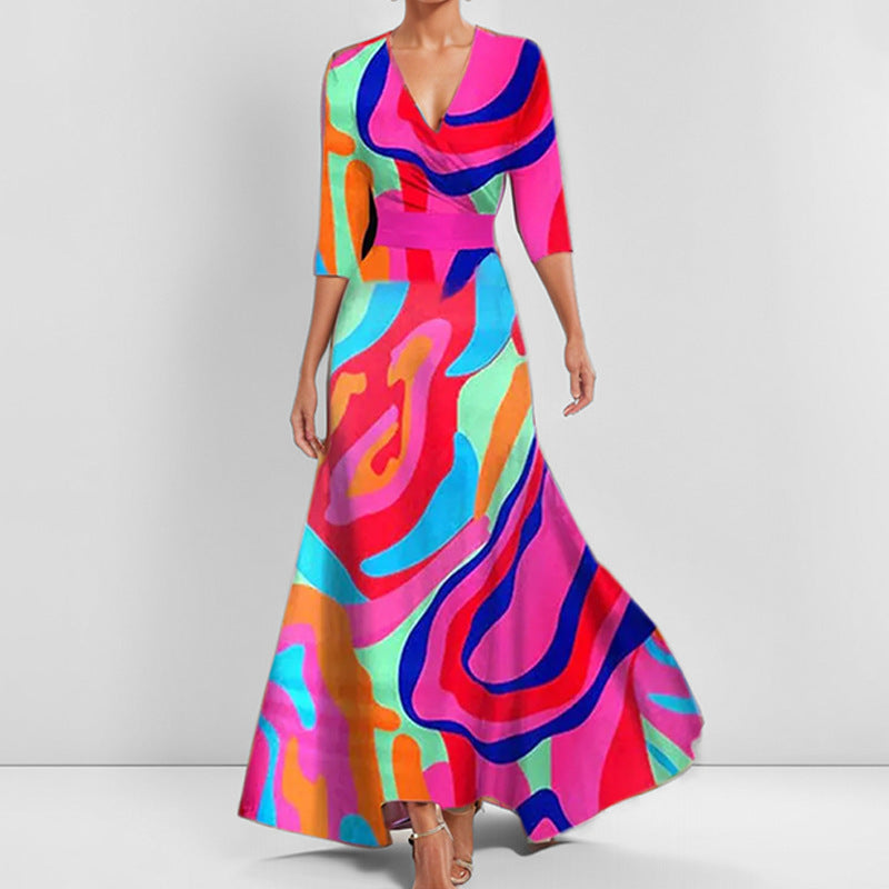 Damen Maxikleid mit Wickeloberteil, Taillengürtel und fließendem Satinrock EB