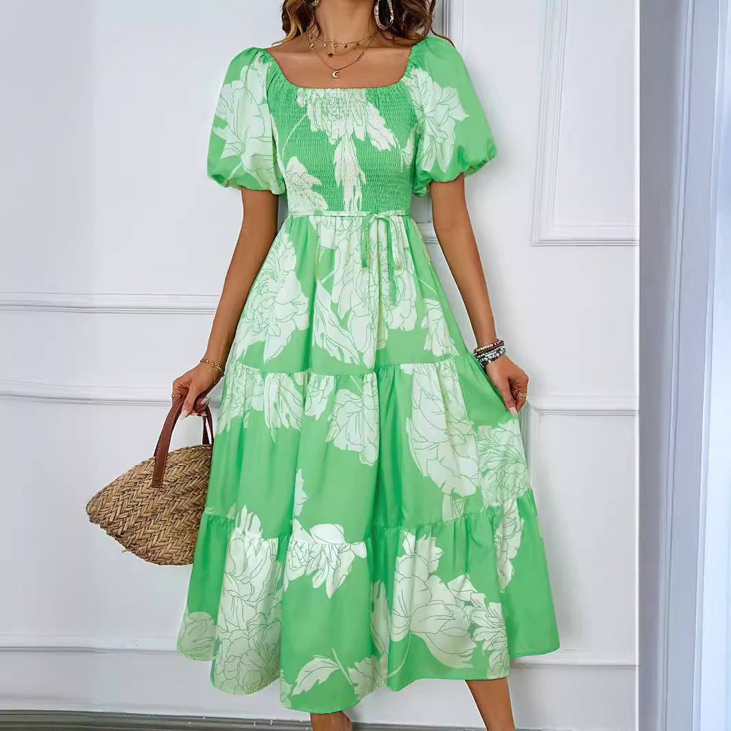 Damen Sommerkleid mit elegantem Puffärmel-Design und floralem Muster EB