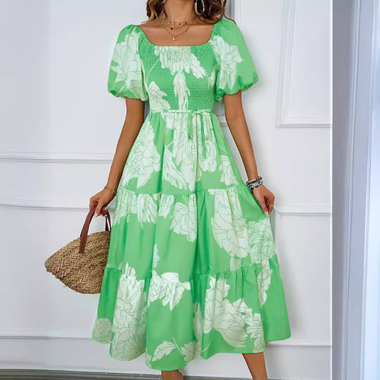 Damen Sommerkleid mit elegantem Puffärmel-Design und floralem Muster EB