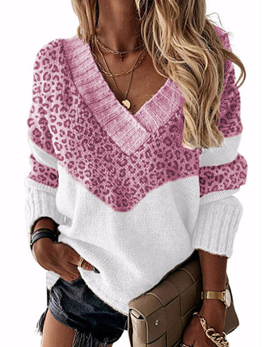 Damen modischer V-Ausschnitt Pullover mit Leopardenmuster EB