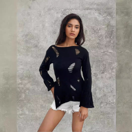 Damen Strickpullover mit lässiger, aufgerissener Optik und weitem Schnitt EB
