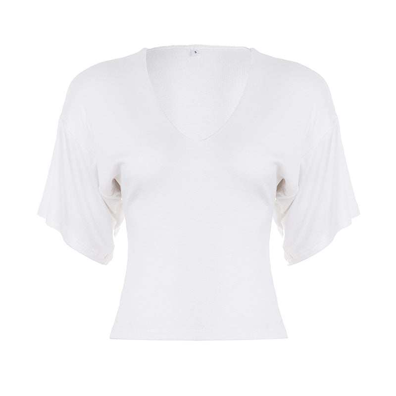 Damen lässiges Cropped T-Shirt mit V-Ausschnitt und oversized Ärmeln EB