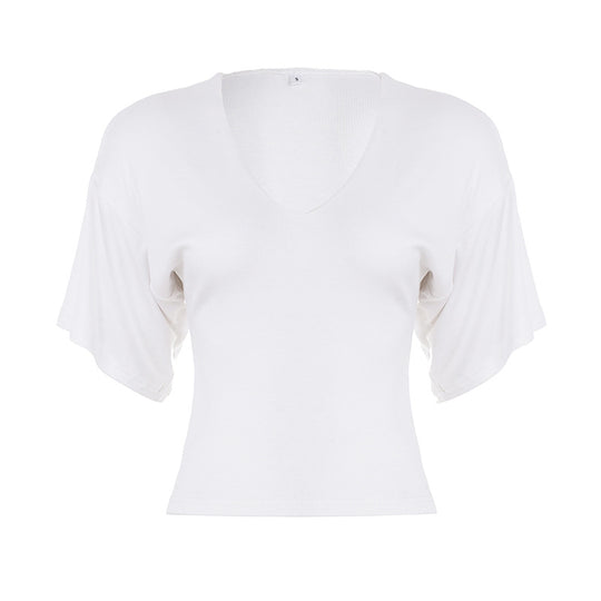 Damen lässiges Cropped T-Shirt mit V-Ausschnitt und oversized Ärmeln EB