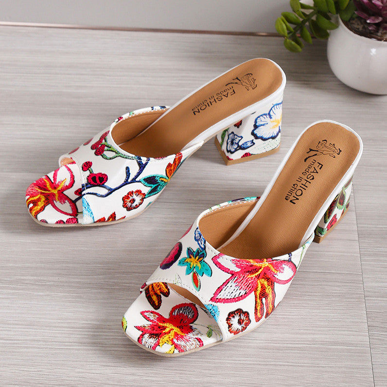 Damen Offene Mules mit floralem Muster und komfortablem Blockabsatz EB