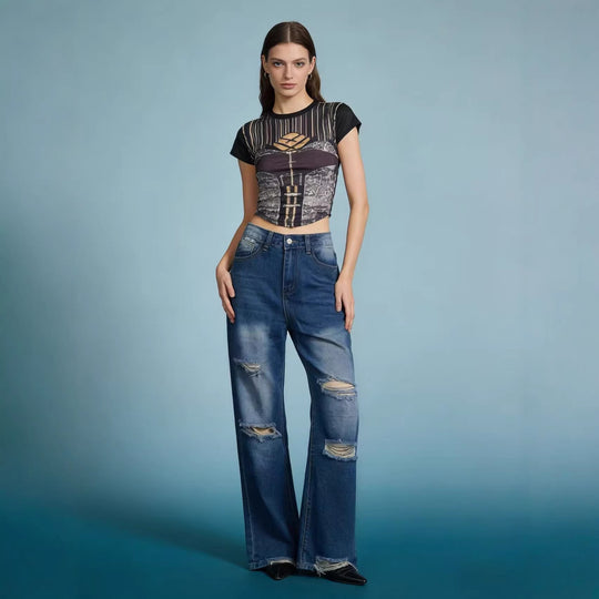 Damen nan hochgeschnittene Relaxed-Jeans mit weitem Bein, Knie-Rips und rohem Saum EB