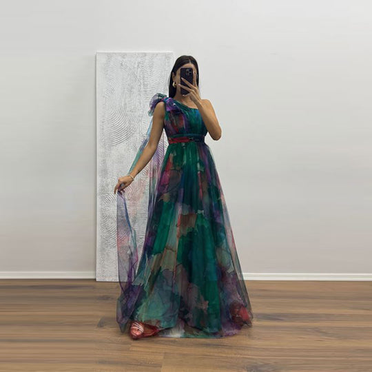 Damen Festliches Maxikleid mit transparenten Chiffon-Überlagern und zartem Rüschendesign EB