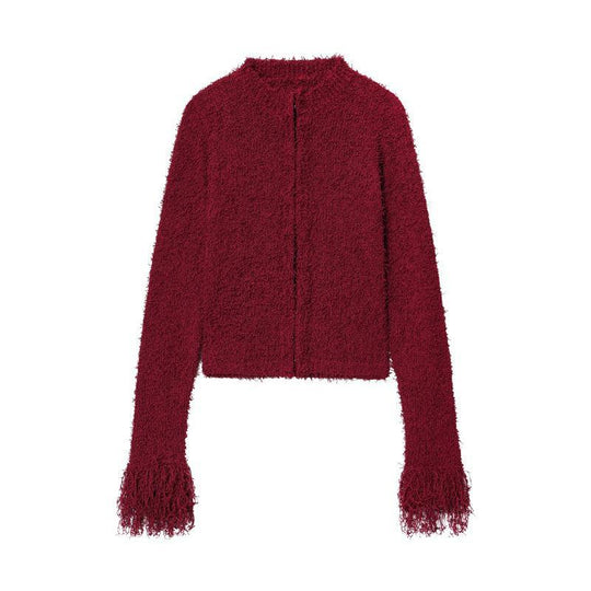 Damen modischer Strickjacke mit fransenärmel und hohem Kragen EB
