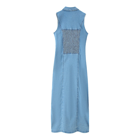 Damen Denim Maxikleid mit Knopfleiste und hohem Kragen EB