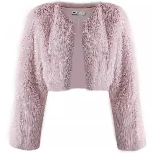 Damen Kurze glamouröse Kunstfelljacke mit lockeren Ärmeln EB