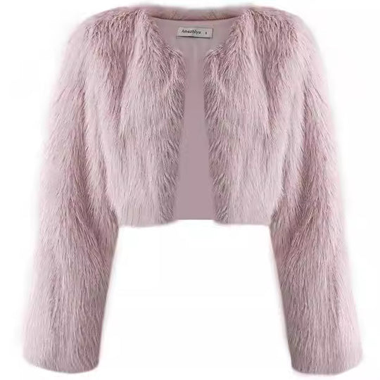 Damen Kurze glamouröse Kunstfelljacke mit lockeren Ärmeln EB