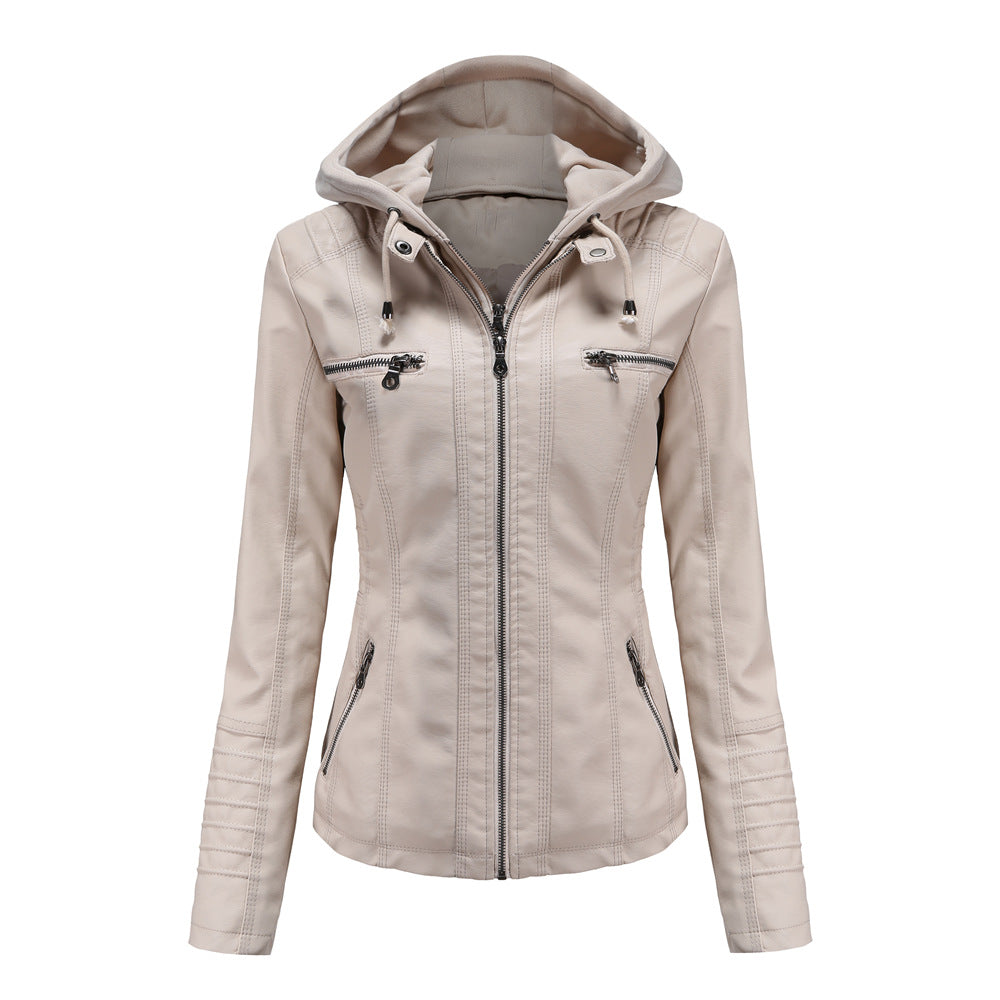 Damen nan taillierte Kunstlederjacke mit Kapuze, gesteppter Armblende und verdeckten Reißverschlusstaschen EB