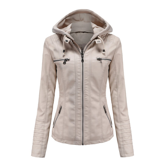 Damen nan taillierte Kunstlederjacke mit Kapuze, gesteppter Armblende und verdeckten Reißverschlusstaschen EB