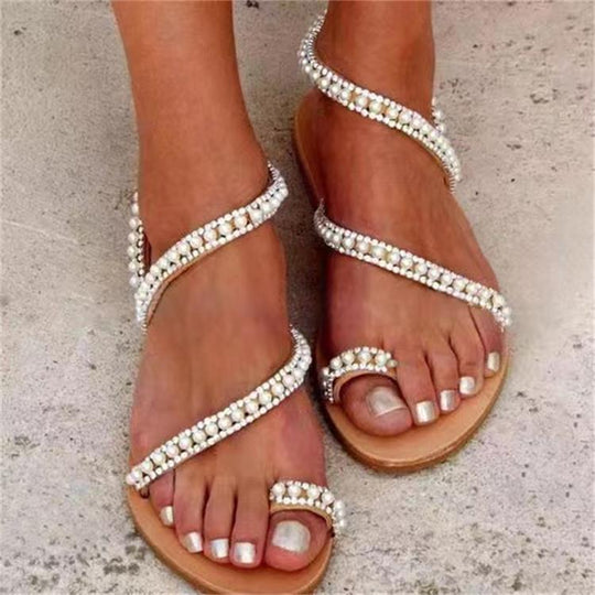 Damen Glamouröse und elegante Zehentrenner-Sandalen mit Perlenschmuck EB