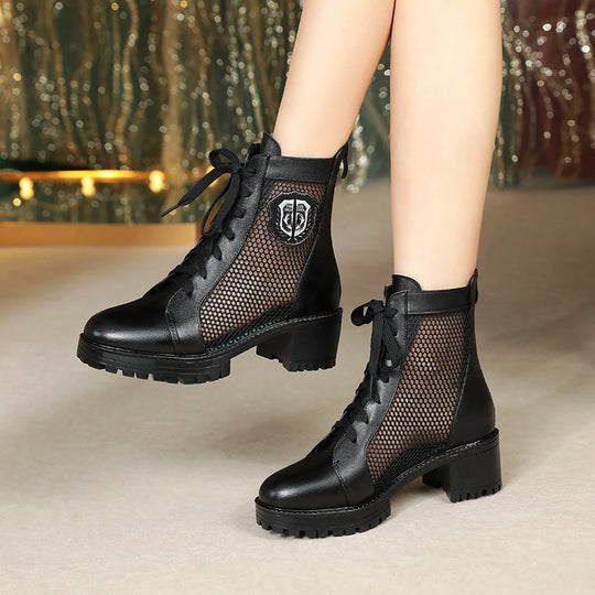 Damen Schnürstiefeletten mit atmungsaktivem Netzdesign und robustem Blockabsatz EB