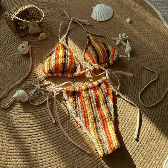 Damen Zweiteiliges Strand-Bikini-Set mit buntem Streifenmuster EB