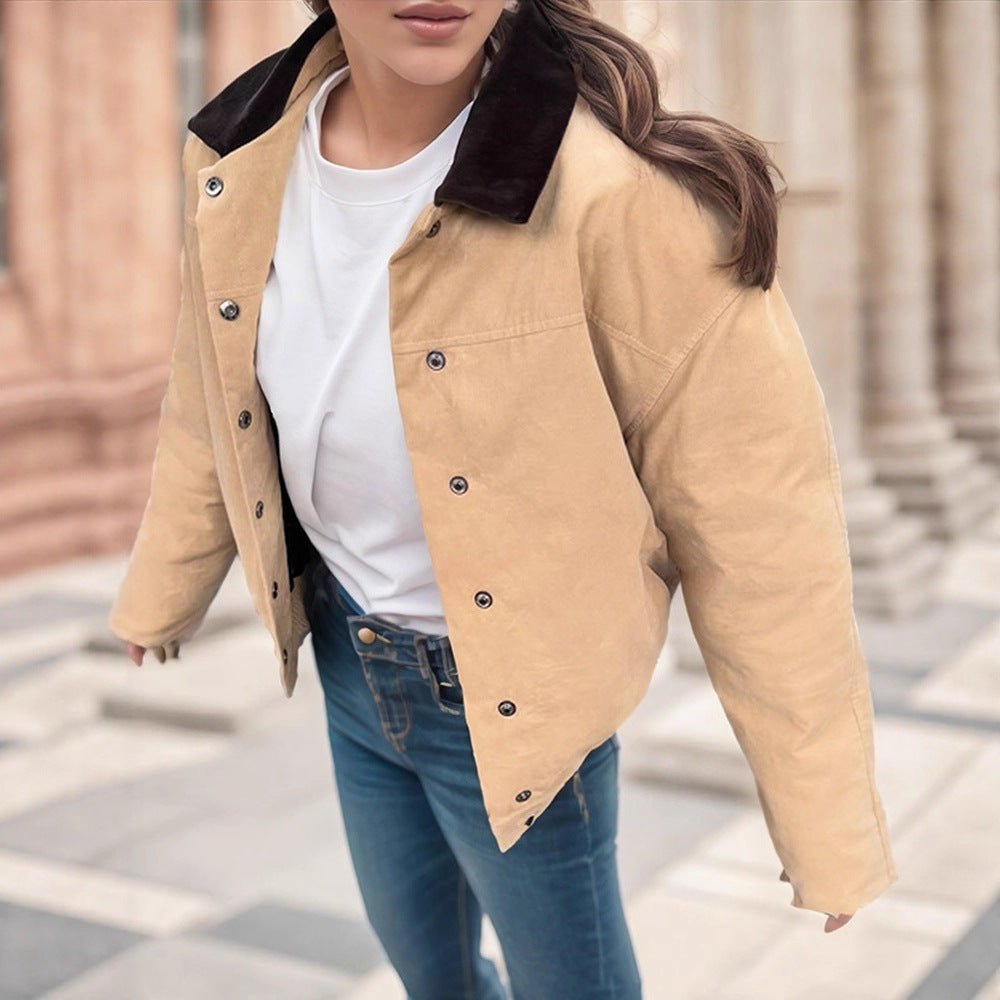 Damen modische Oversized-Jacke mit Samtkragen und Druckknopfverschluss EB