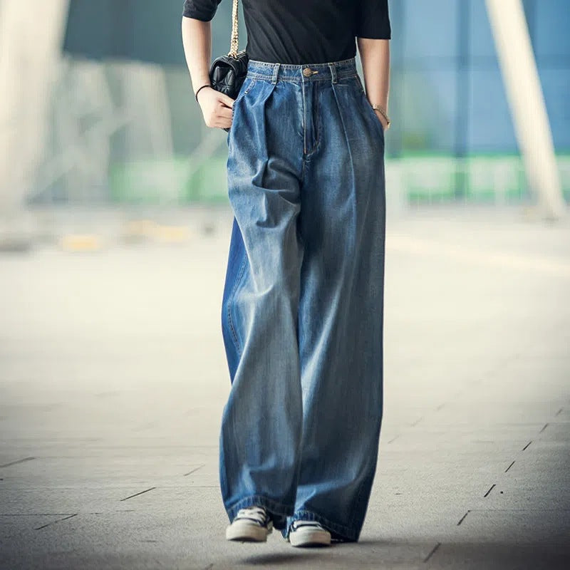 Damen Weite Denim-Hose im lässigen Hochbund-Stil EB