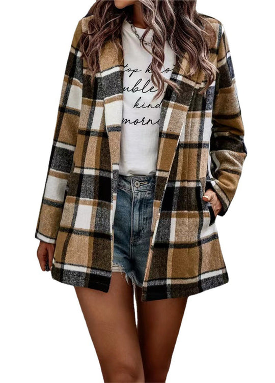 Damen trendige Wolljacke mit Karomuster EB