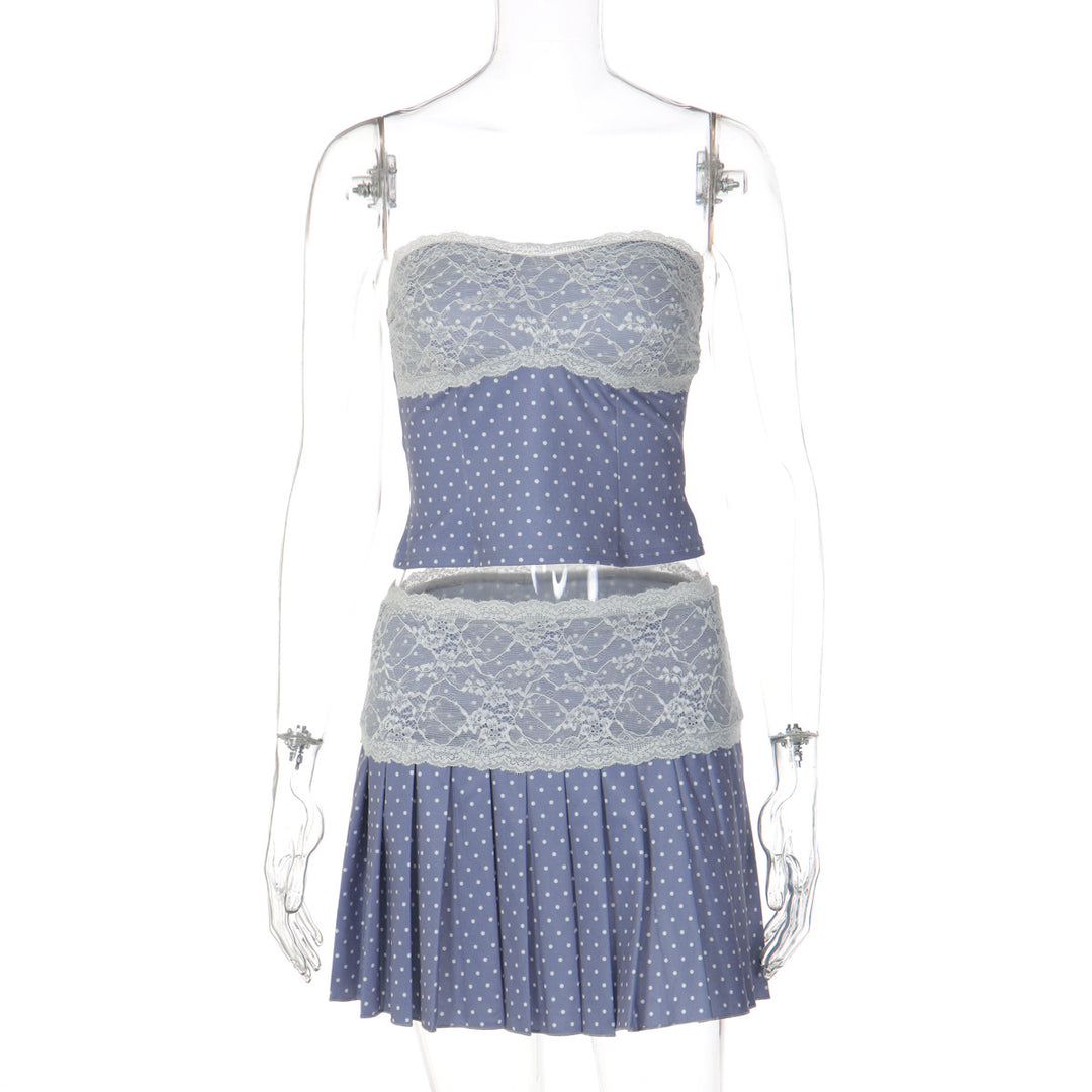 Damen Bandeau Kleid mit Spitzenbesatz und Plisseefalten EB