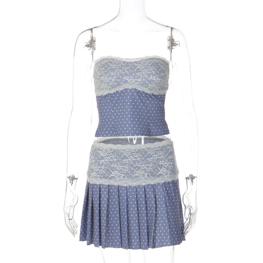 Damen Bandeau Kleid mit Spitzenbesatz und Plisseefalten EB